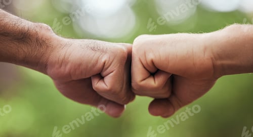 Preview: Support, welcome and fist bump with hands of people in nature for motivation, thank you and meeting