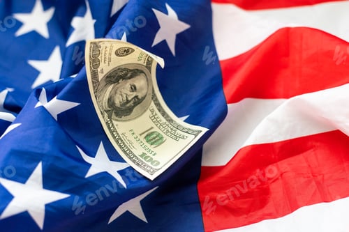 Preview: American Flag Background with Hundred Dollar Bill