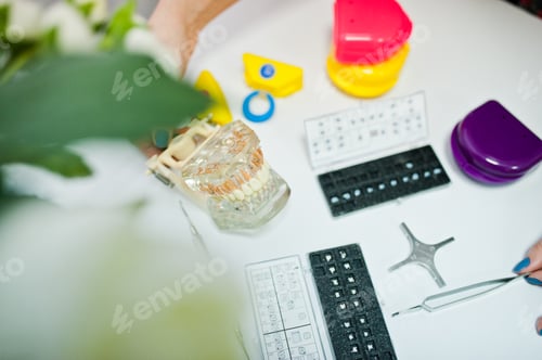 Preview: System of dental brackets at dentist office.