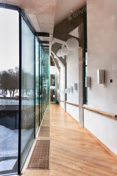 Preview: Modern building in a university, glass walls and an indoor walkway
