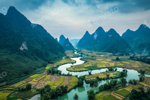 Preview: Phong Nam Valley with rice field and river flows through traditional village in countryside