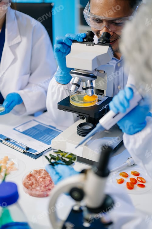 Preview: Dynamic scene of food scientists using microscopes and pipettes in a lab,