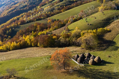 Preview: Seasonal autumn rural countryside panorama from above, aerial drone point of view