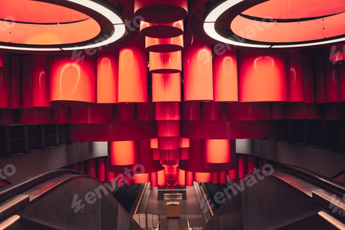 Preview: Beautiful modern decoration inside a building with escalators in Brussels, Belgium