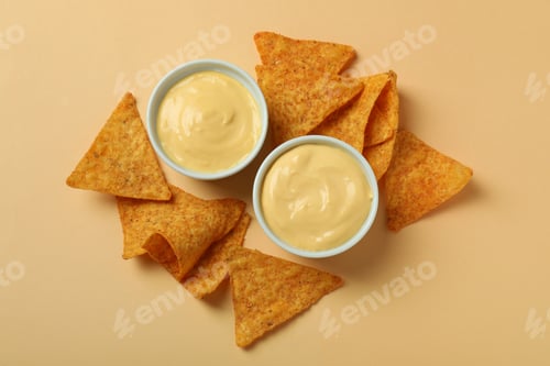 Preview: Bowls with cheese sauce and chips on beige background