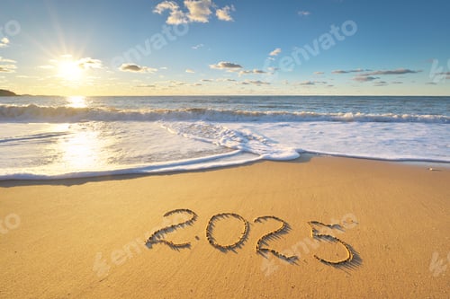 Preview: 2025 year text symbol written on the seashore