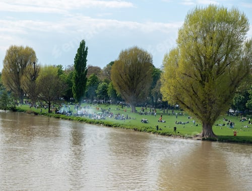Preview: Germany Neckar River Neckarwiese Garden Heidelberg city aerial view of people picnic at nature