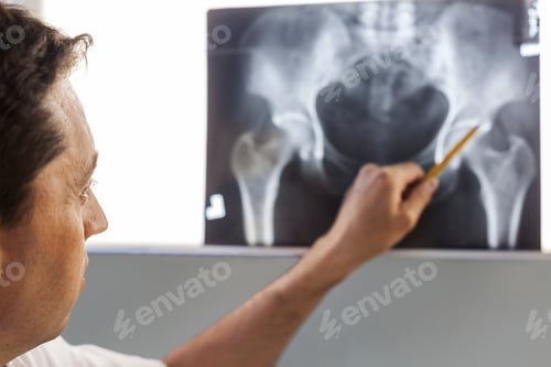 Preview: Doctor pointing at x-ray of a pelvis