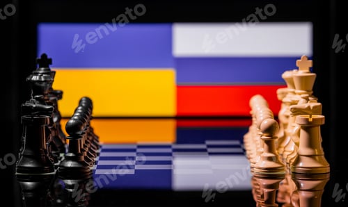 Preview: Conceptual image of war between Russia and Ukraine using chess pieces and national flags