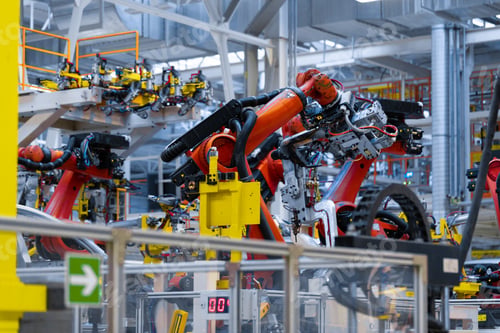 Preview: robot arm holds the detail of car. Car manufacturing plant