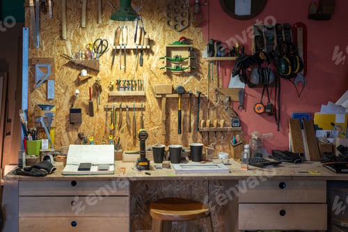 Preview: Tidy woodworking workshop with tools displayed in knolling style for easy access. Neat arrangement