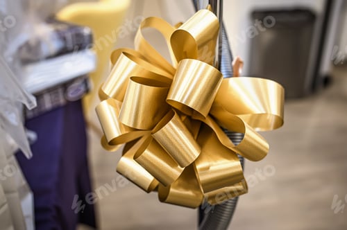 Preview: Close up of a golden bow on a swing in a wedding salon