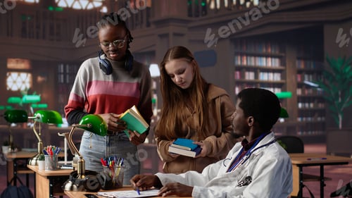 Preview: Multiethnic group of students in a library participate at a lesson with doctor