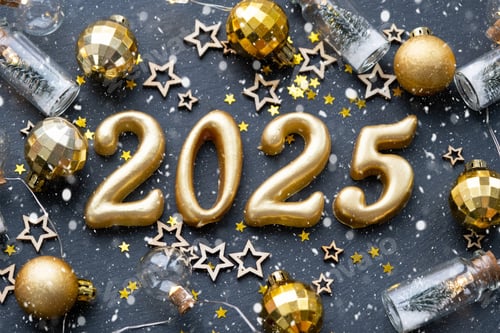 Preview: The golden figures 2025 made of candles on a black stone slate background are decorated with a festi