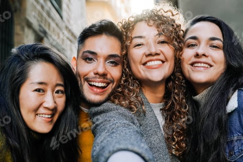 Preview: Diverse group of friends having fun taking selfie outdoors - Focus on gay transgender man