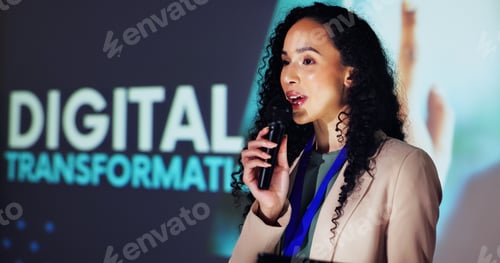 Preview: Stage, presenter and woman at seminar with microphone, tablet and presentation on digital transform
