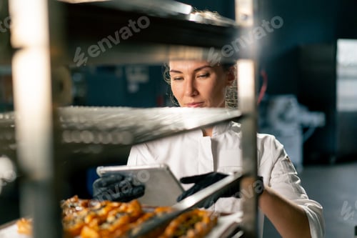 Preview: A focused bakery girl checks the number of baked puffs in the bakery against the delivery note