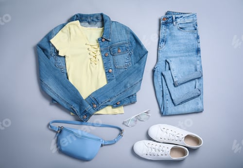 Preview: Stylish outfit with jeans on light grey background, flat lay