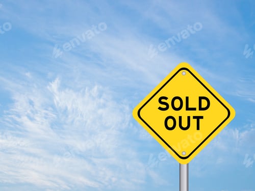 Preview: Yellow transportation sign with word sold out on blue color sky background