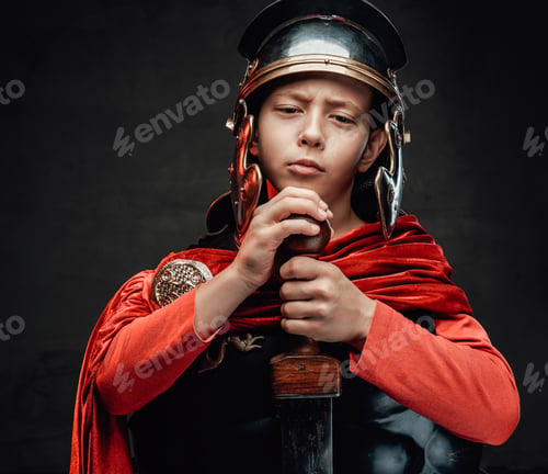 Preview: Cheerful roman boy with sword and red cape in dark background