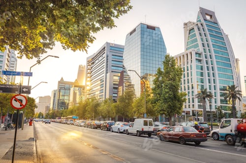 Preview: Apoquindo Avenue and modern buildings of Las Condes neighborhood at sunset - Santiago, Chile