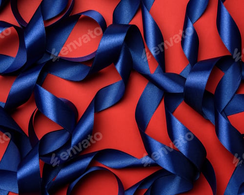 Preview: Curled blue silk ribbon on a red background, festive background