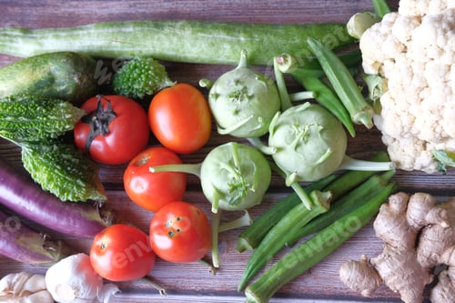 Preview: Healthy food selection with fresh vegetables on table with copy space