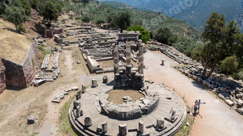 Preview: Aerial bird's eye view photo taken by drone of archaeological site of ancient Delphi.