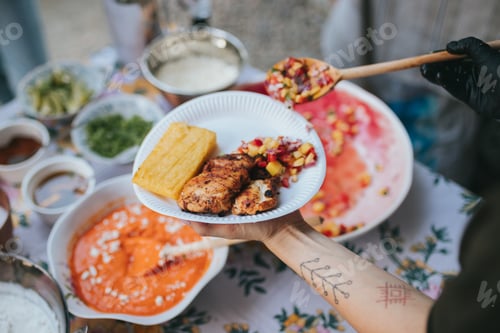 Preview: Tattooed chef adding vegetables to the plate of Mexican chicken, crispy Polenta, bowls of dressings