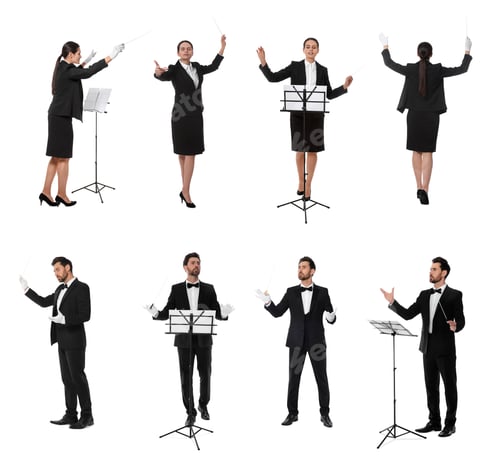 Preview: Collage with photos of professional conductors with baton on white background