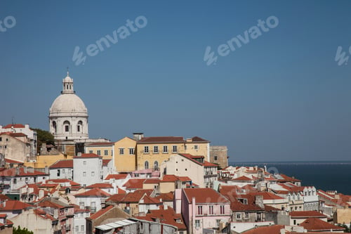 Preview: Hillside cityscape at coast, Lisbon, Portugal