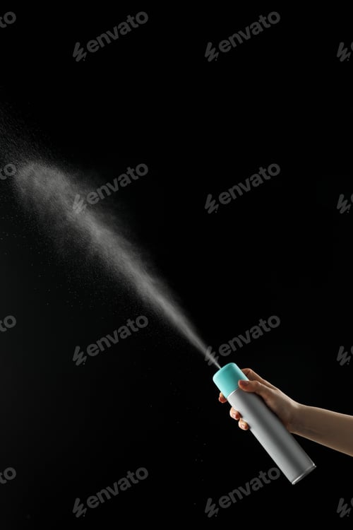 Preview: Woman spraying air freshener on black background, closeup