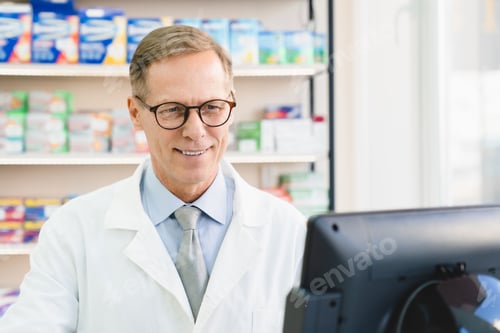 Preview: Cash point desk in pharmacy drugstore. Druggist using computer for checking availability of drugs