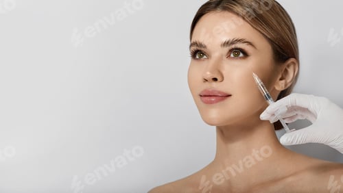 Preview: Beautiful woman receives anti wrinkle beauty injection for facial rejuvenation and wrinkle removal.