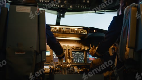 Preview: Diverse team of aviators throttling engine lever to takeoff