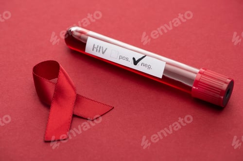 Preview: red awareness aids ribbon and negative hiv blood sample test on red background