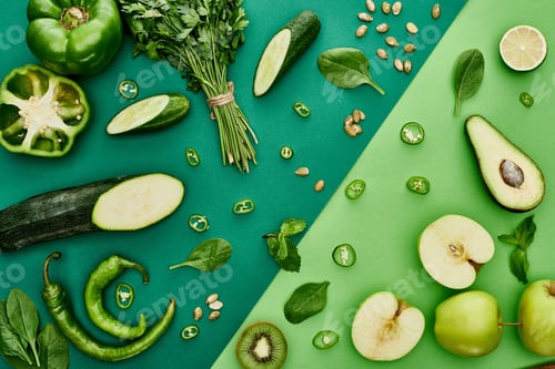 Preview: top view of apples, avocado, cucumbers, lime, peppers, kiwi, greenery, pumpkin seeds and zucchini