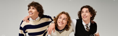 Preview: Young stylish friends enjoy a playful moment in contemporary fashion expression