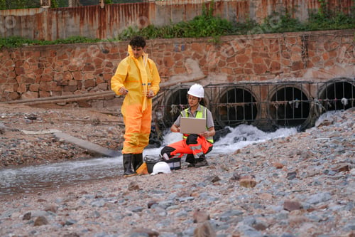 Preview: scientists in PPE gear analyzing seawater samples using test tubes and a laptop