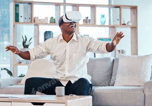Preview: Virtual reality glasses, man and happy in house for cyber experience, metaverse interface or video