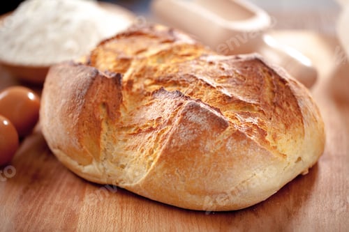 Preview: Freshly rustic loaf of bread isolated on wooden table background