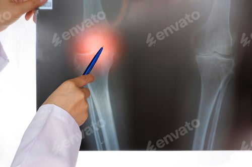 Preview: Doctor using pen to pointing knee joint x-ray film on glowing screen board