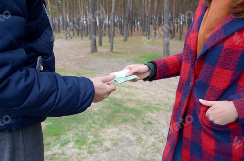 Preview: Girl transfers euro bills to the hands of a young guy in forest. Concept of robbery or illega