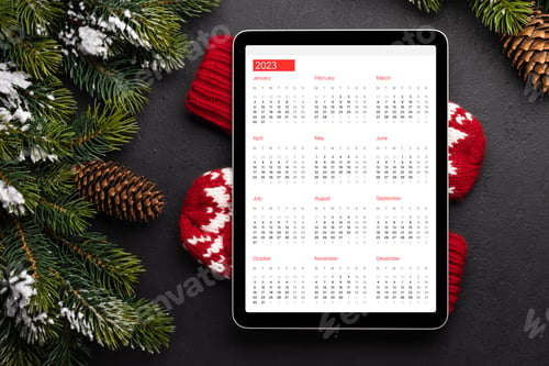 Preview: Tablet with calendar, mittens and Christmas decor