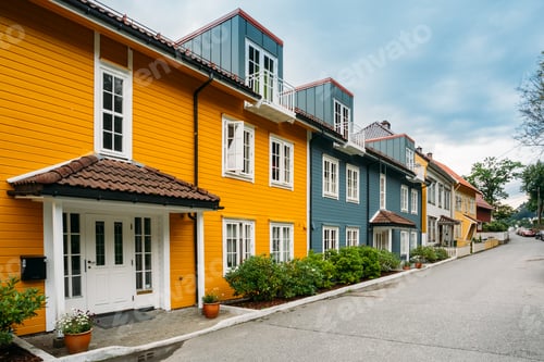 Preview: Bergen Norway. Colorful Facades Of Houses On Deserted Street At
