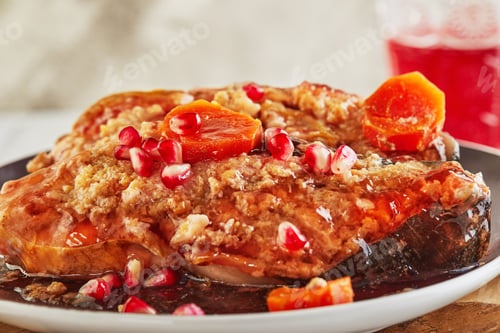 Preview: Gefilte fish with horseradish carrot and pomegranate wine on a wood board