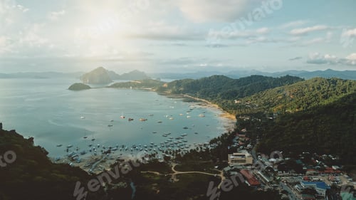 Preview: Bright sun at sea bay port town. Water transport of ships, yachts, boats at amazing pier cityscape
