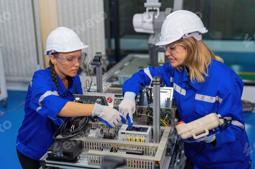 Preview: Female Electronics Factory Workers use tablet pc quality checking Circuit Boards after assembly