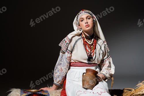 Preview: young ukrainian woman in traditional clothing with ornament holding clay pot and sitting on bench on