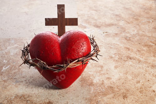 Preview: Sacred Heart of Jesus, surrounded by a crown of thorns and with wooden cross